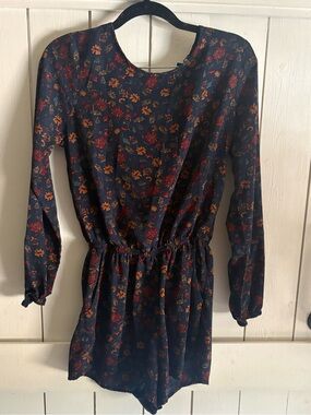 One Clothing Navy Floral Long Sleeve Romper with Red & Mustard Accents
